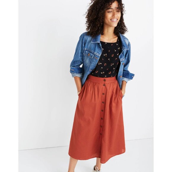 MADEWELL Palisade Rusty Torch Cotton Basketweave A-Line Midi Skirt, Size 0 - Picture 1 of 13